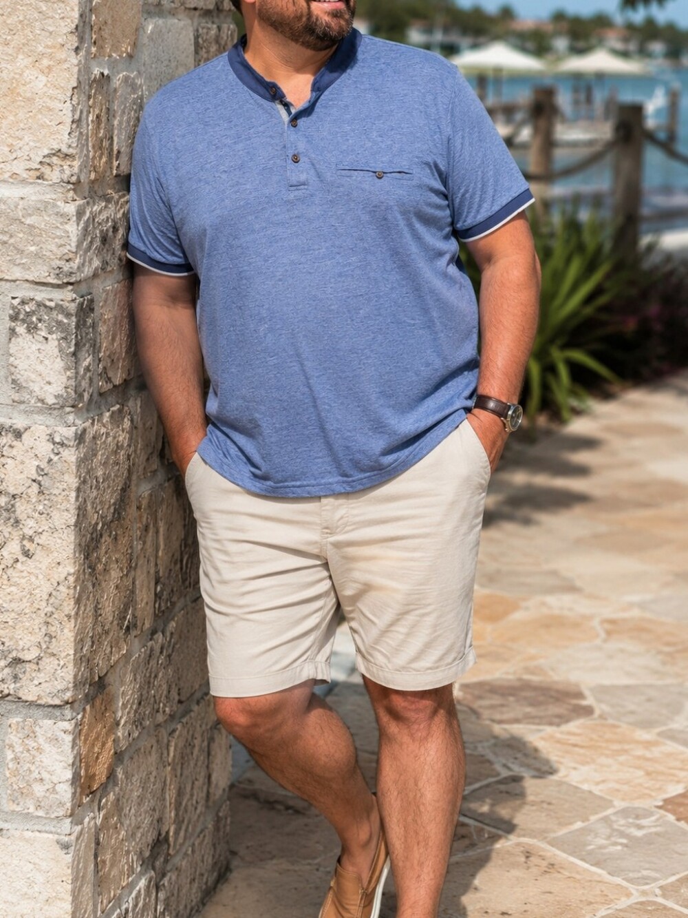 NWT Saks Fifth Avenue Light Blue Henley Polo Shirt 100% Cotton Short Sleeve Mens